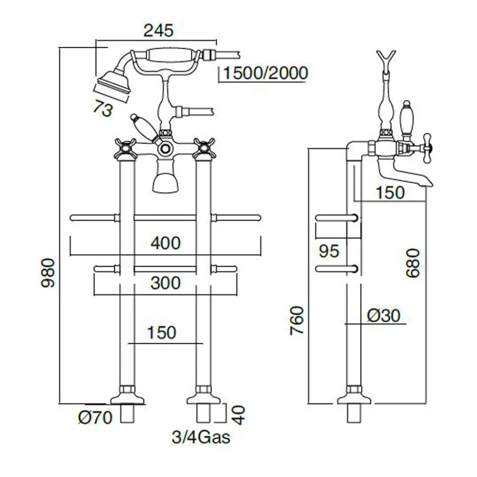 Klasická mosazná stojánková vanová baterie s ruční sprchou - Fioretta Viadurini