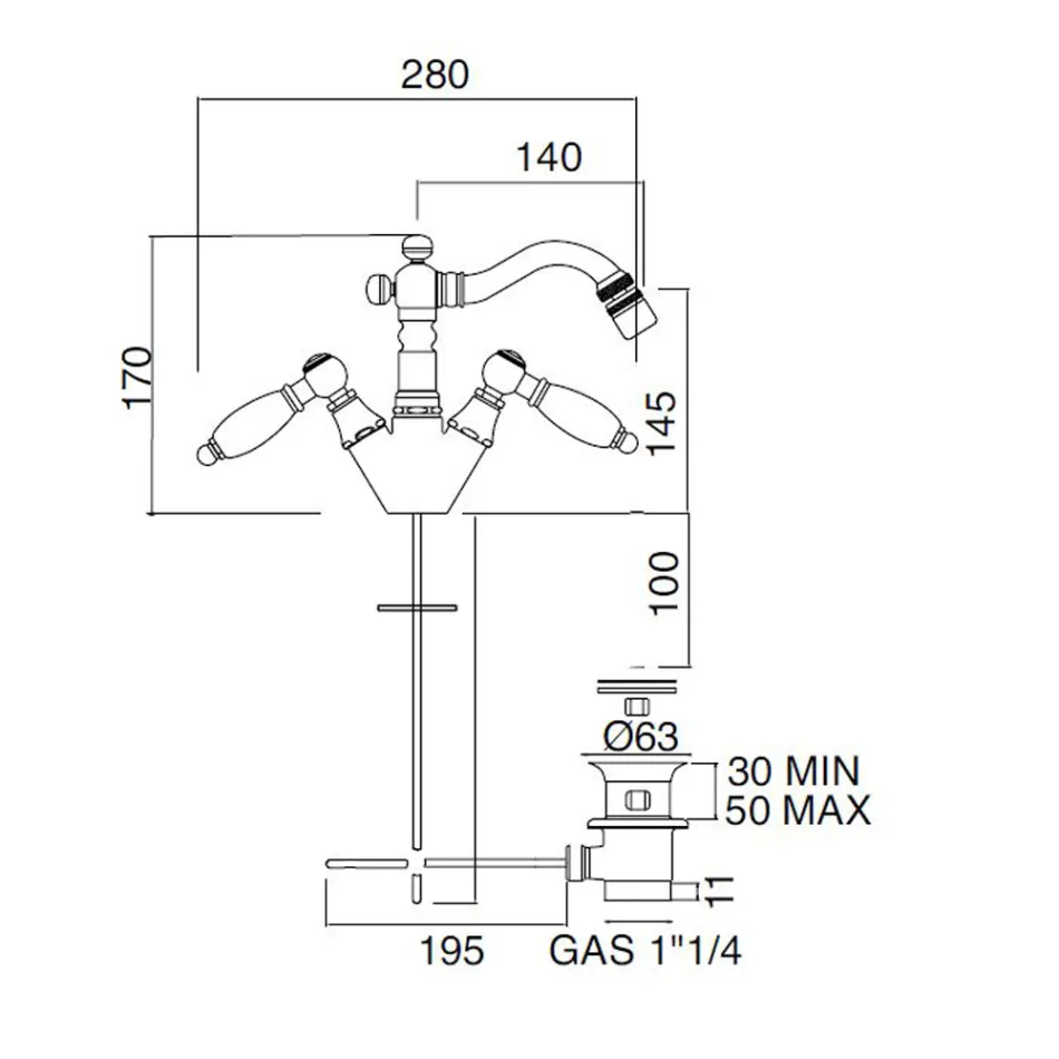 Klasická jednootvorová bidetová baterie s ručně vyrobenými mosaznými pákami - Noriana Viadurini