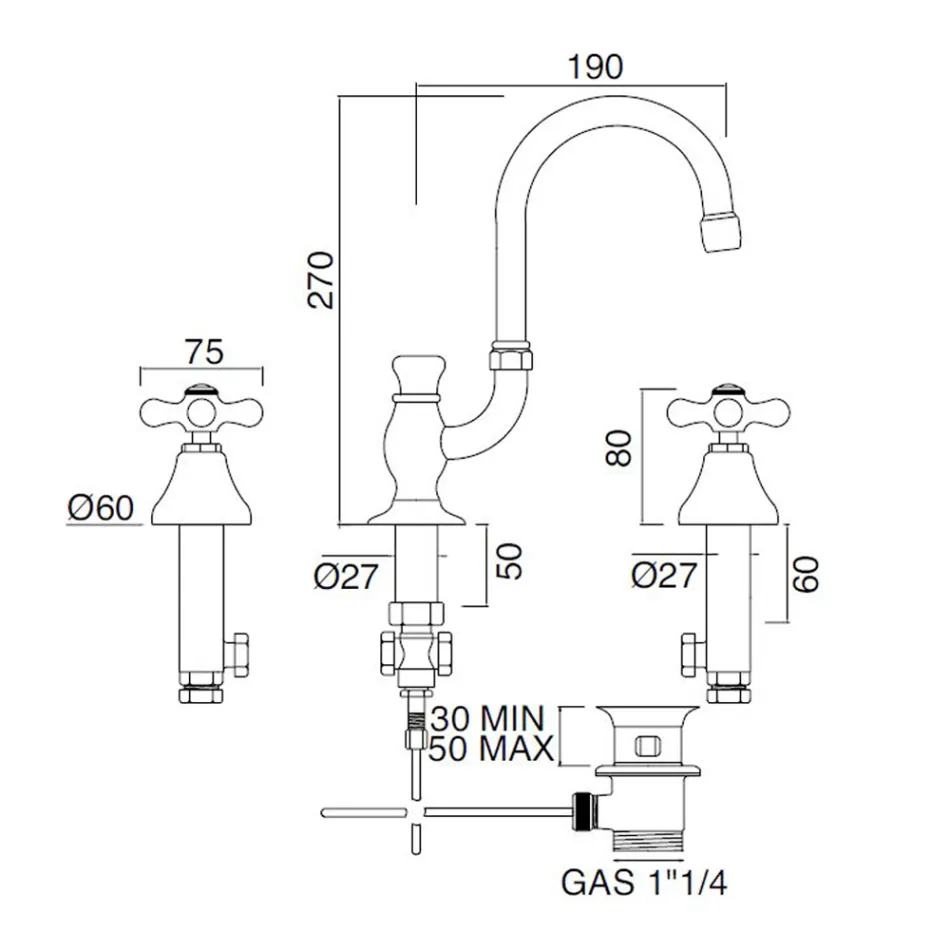 3otvorová koupelnová umyvadlová baterie z mosazi s vysokým výtokem a odtokem - Ercolina Viadurini