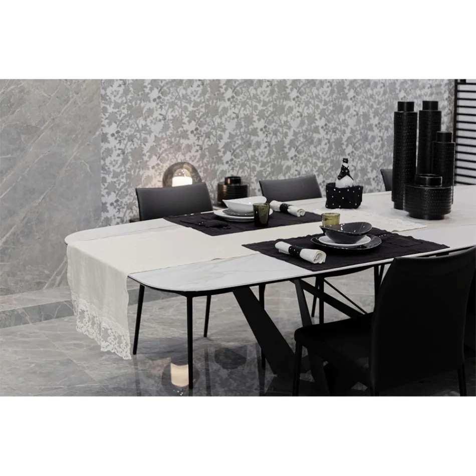 Lněný běhoun na stůl s bílou krajkou Italská luxusní kvalita - Farnese Viadurini