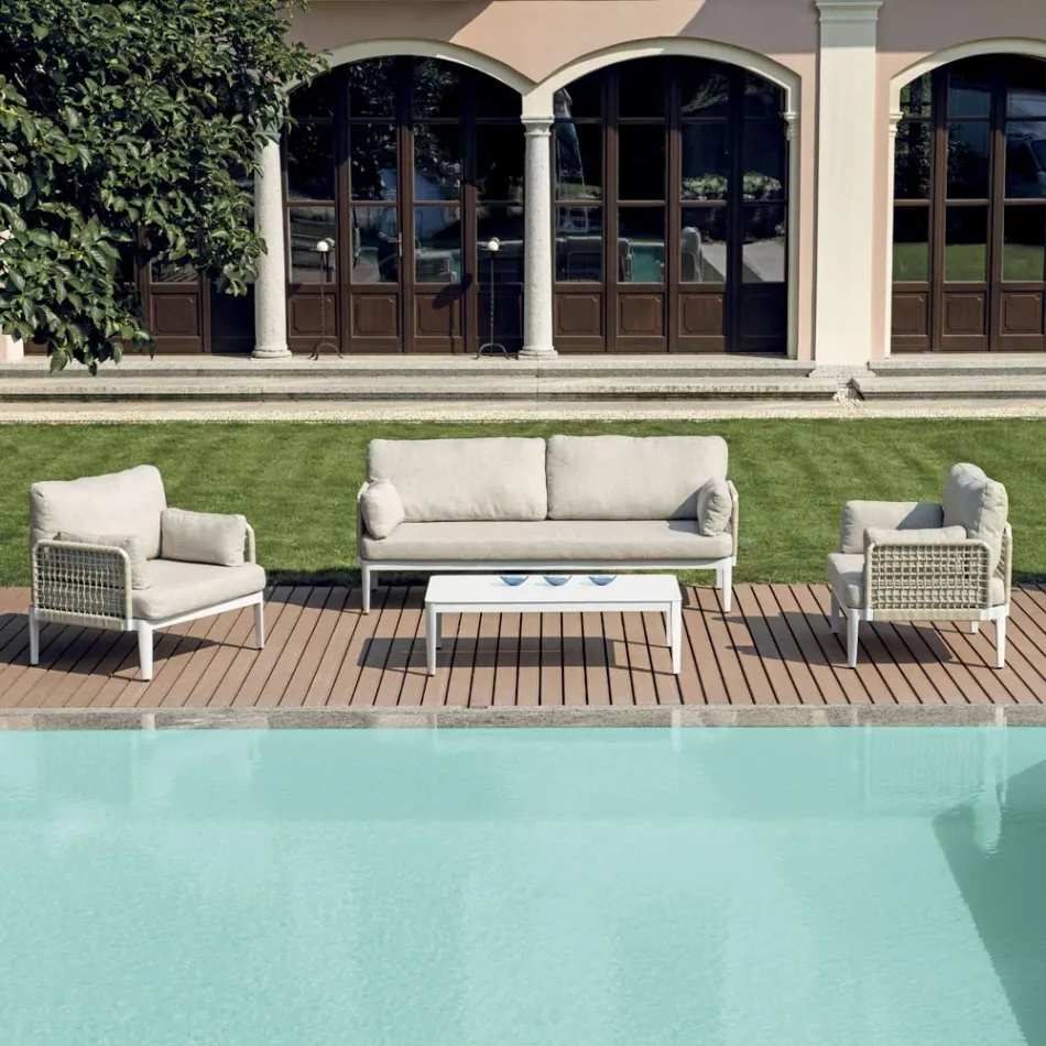 Obývací pokoj sestávající ze 2 křesel, 1 pohovky a konferenčního stolku z hliníku - Symphony Viadurini