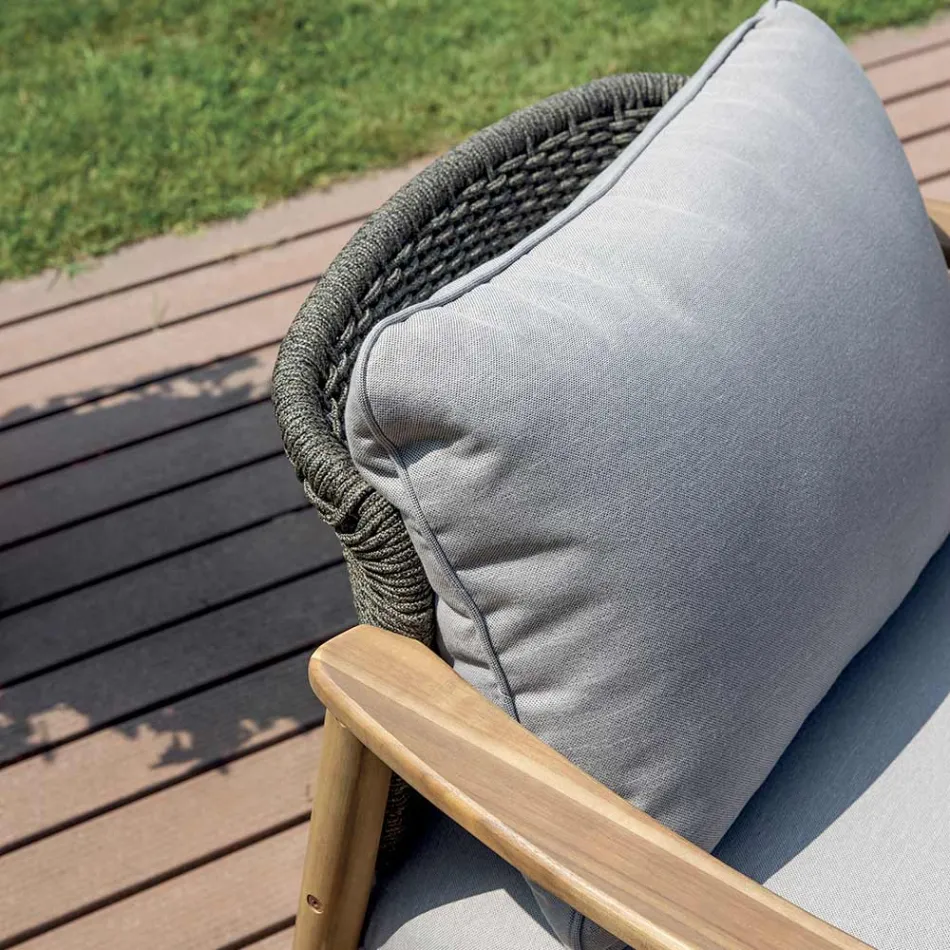 Zahradní sedací souprava Rosira z akáciového dřeva s lanem a šedými polštáři Viadurini
