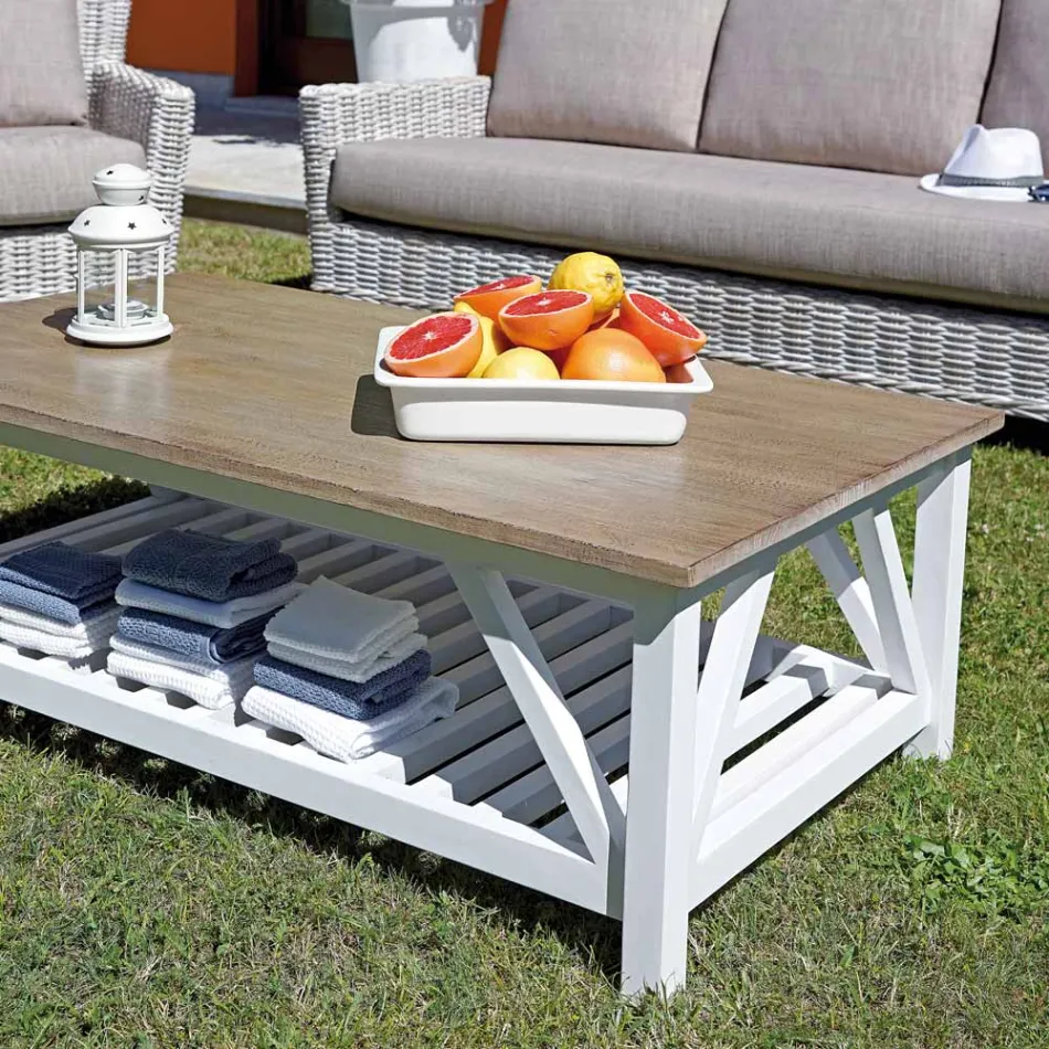 Venkovní salonek s konferenčním stolkem z mangového dřeva a polybavlněnými polštáři - Orlanda Viadurini