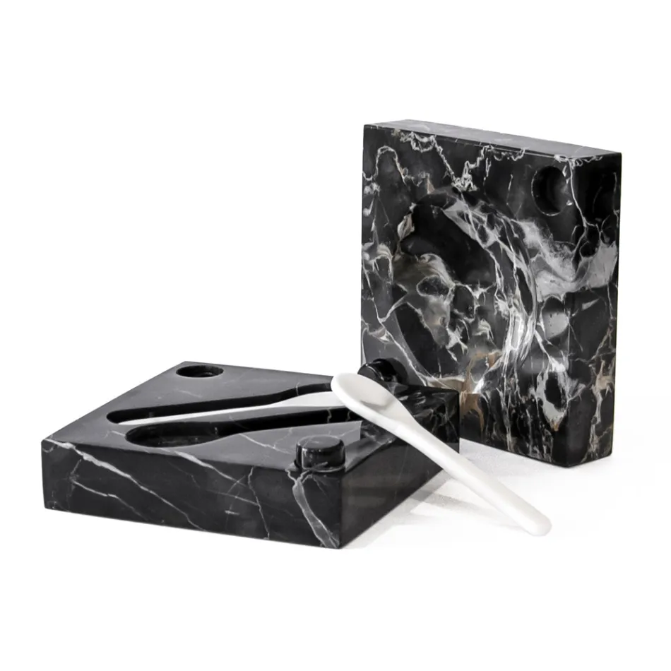 Kaviárová krabička se lžičkami z carrarského mramoru Portoro - Jerry Viadurini