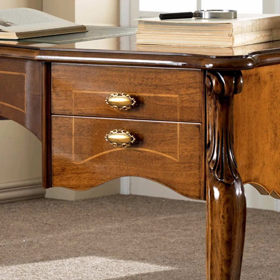 Klasický stůl s 5 zásuvkami ze dřeva a ekokůže Made in Italy - Commodo Viadurini