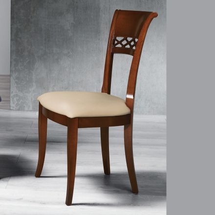 Klasická židle z bukového dřeva se zdobeným opěradlem a ekokůží - Milissa Viadurini