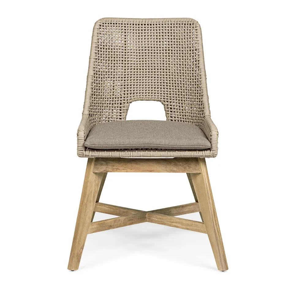 Venkovní židle z lana a látky s týkovou základnou, Homemotion 2 kusy - Lesya Viadurini