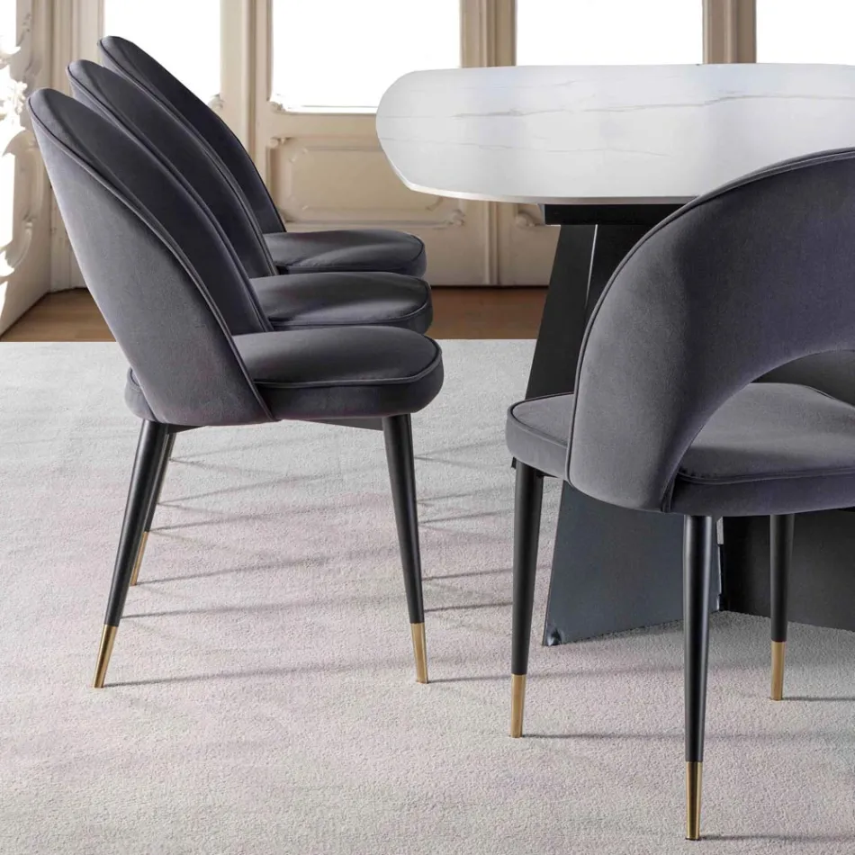 Sametová židle s černým kovem a saténovými mosaznými nohami, 4 kusy - Sibea Viadurini