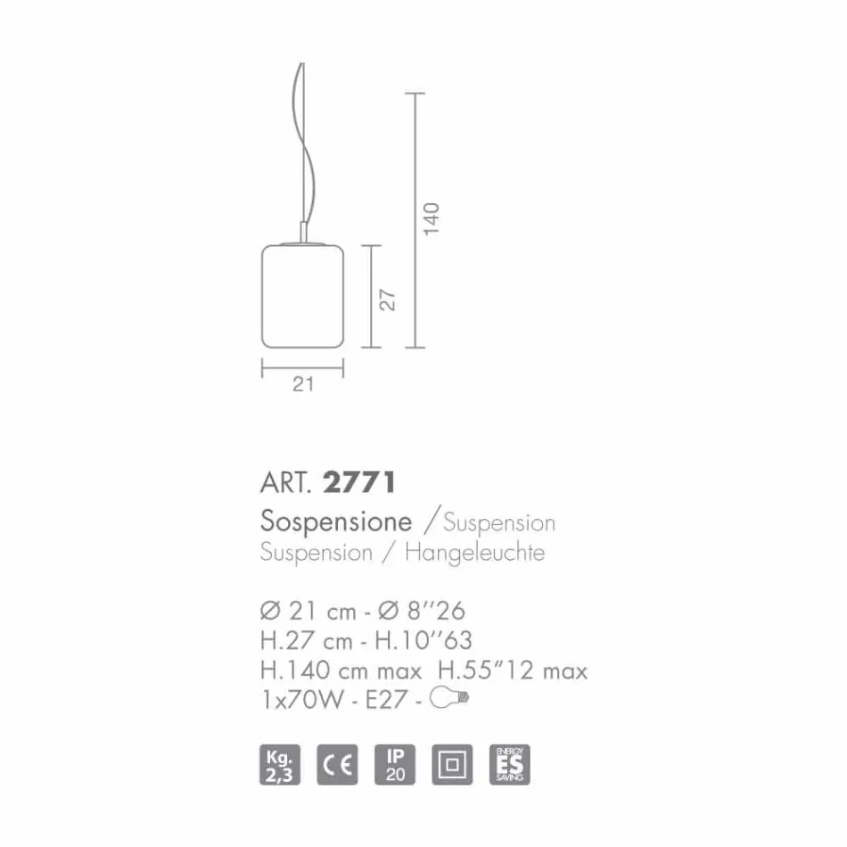 Selene Domino závěsná lampa foukané O21 H 27/140 cm sklo Viadurini