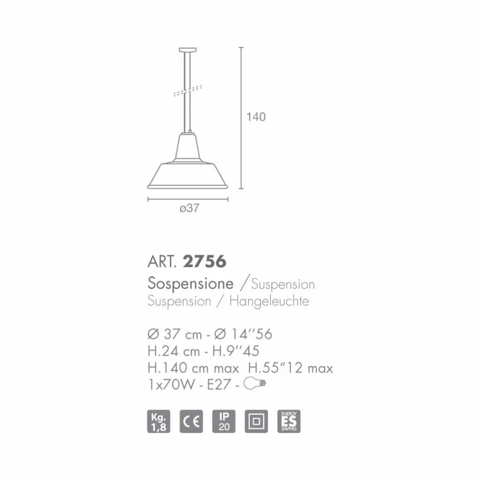Selene Lampara závěsné svítidlo foukané Ø37 H 24/140 cm sklo Viadurini