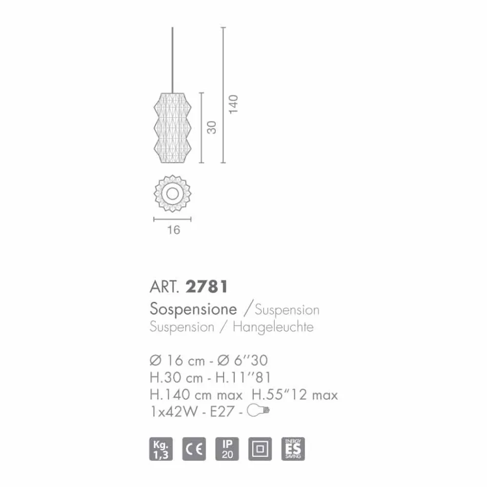 Selene Origami závěsná lampa foukané sklo O16 H 30 / 140cm Viadurini