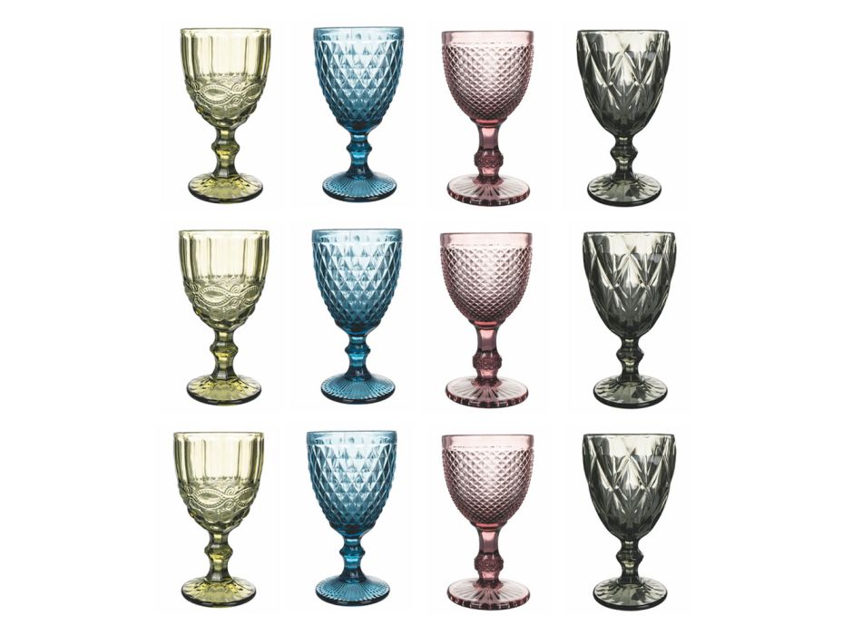 Sada pohárů na víno nebo vodu v dekorovaném barevném skle 12 ks - Urbanvi Viadurini