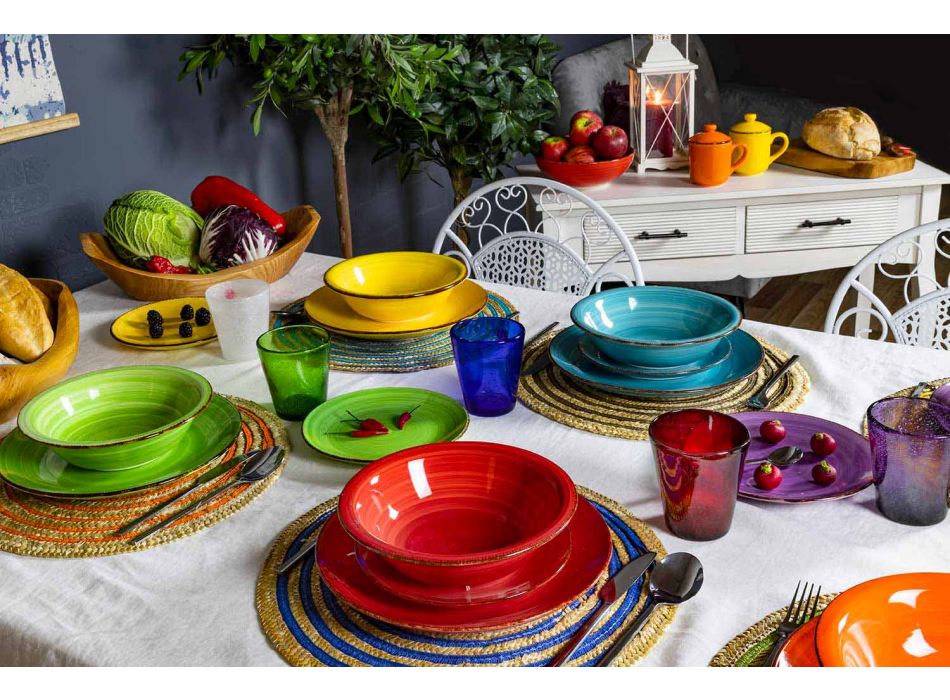Nádobí s barevnými talíři 18 kusů v moderním kamenina - Abruzzo Viadurini