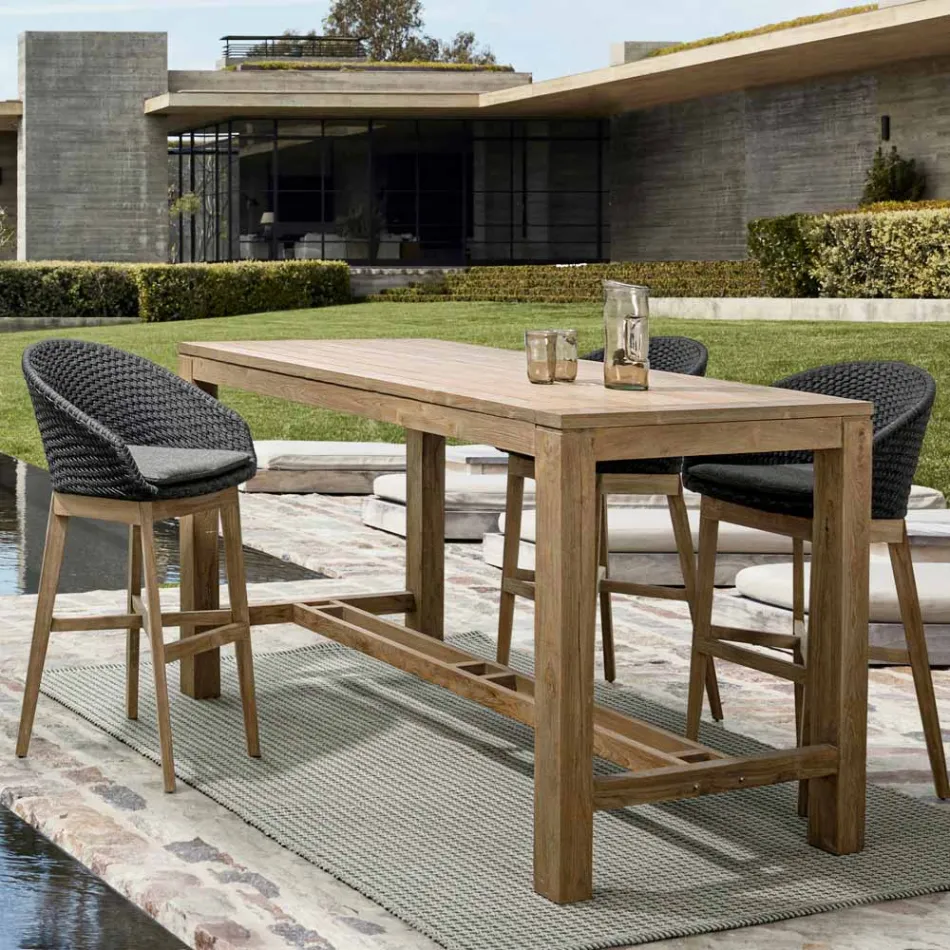 Vysoká venkovní stolička z lana a teakového dřeva, Homemotion, 2 kusy - Anitha Viadurini