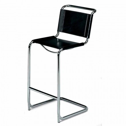 Vysoká kožená stolička s chromovanou ocelovou konstrukcí vyrobena v Itálii - Perseo Viadurini