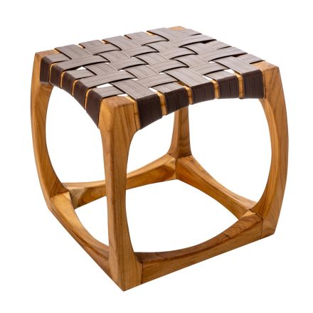 Designová koupelnová stolička z teaku s tkaným sedákem - Yucca Viadurini