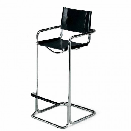 Kožená a ocelová stolička s područkami a podnožkou Made in Italy - Lepanto Viadurini