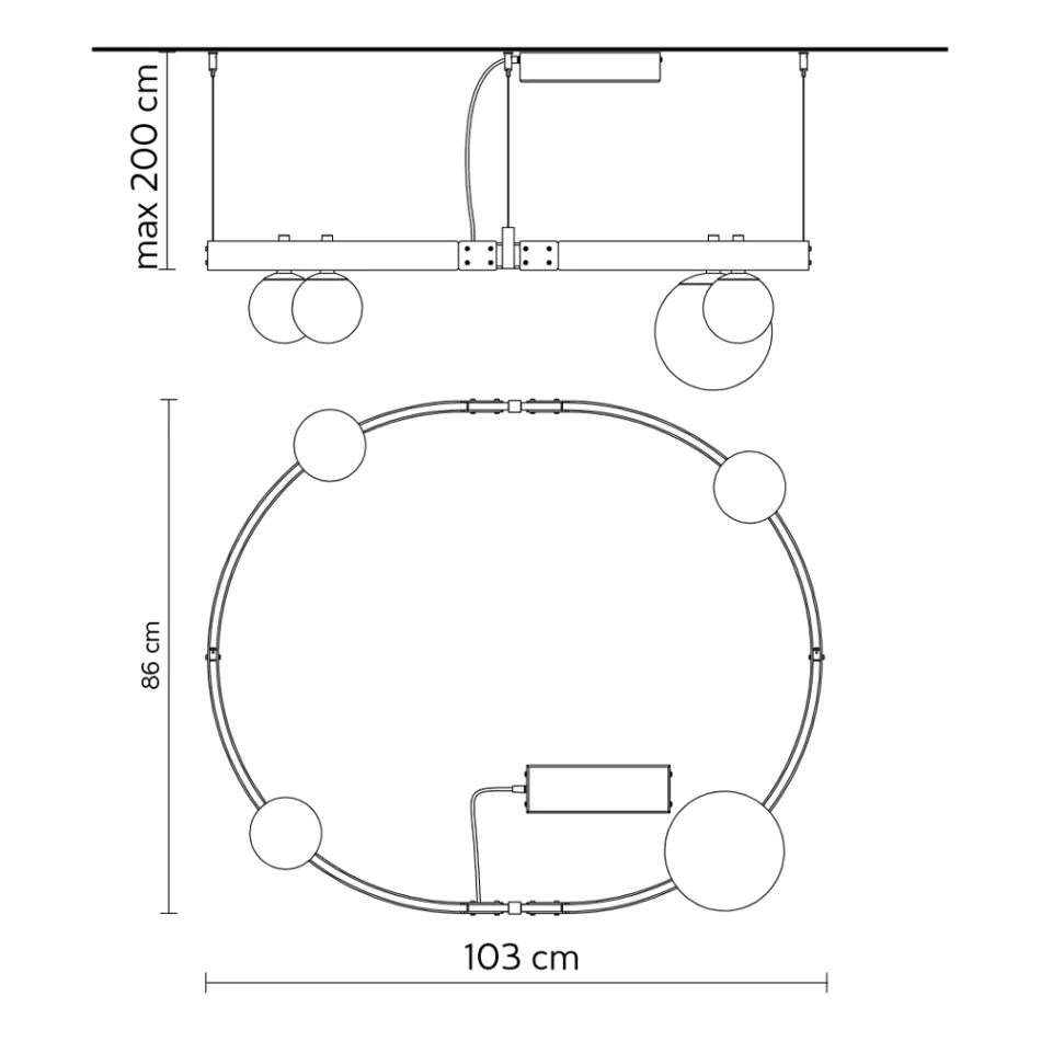 Oválný designový závěs z černého hliníku s koulemi a reflektory - Exodus Viadurini