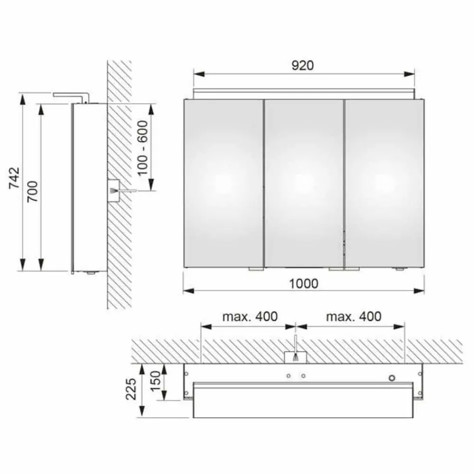 Moderní 3dveřové zrcadlo do nástěnné skříňky s vnitřními policemi - Bramo Viadurini