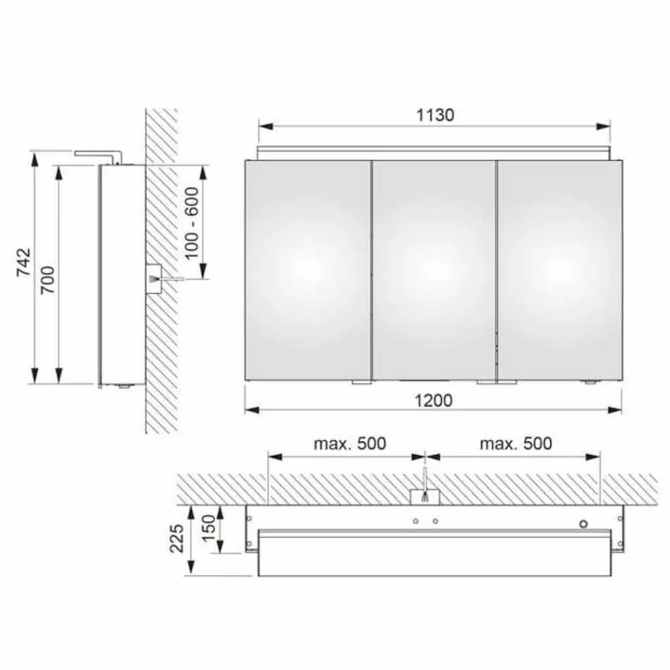 Moderní 3dveřové zrcadlo do nástěnné skříňky s vnitřními policemi - Bramo Viadurini