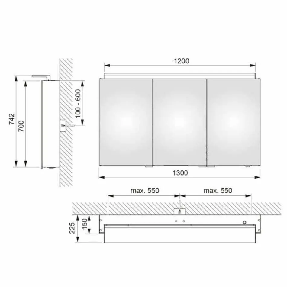 Moderní 3dveřové zrcadlo do nástěnné skříňky s vnitřními policemi - Bramo Viadurini