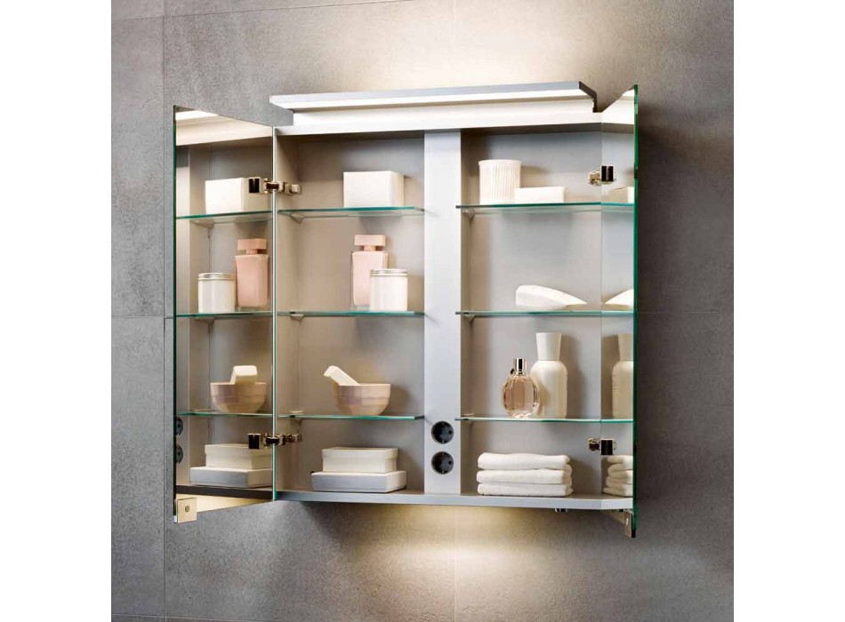 Nástěnné zrcadlo se 2 dveřmi s LED světlem a zásuvkami - Bramo Viadurini