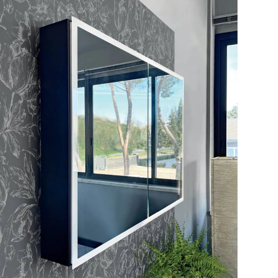 Dřevěný zrcadlový kontejner s dvojitým zrcadlem a světly Made in Italy - Darwin Viadurini