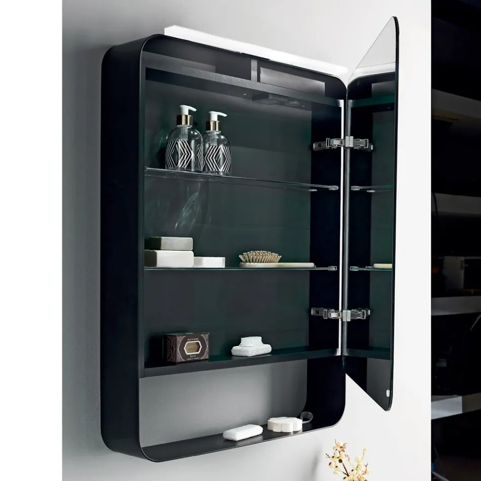 Kovový zrcadlový kontejner s dvojitými zrcadlovými dvířky a světly Made in Italy - Jane Viadurini