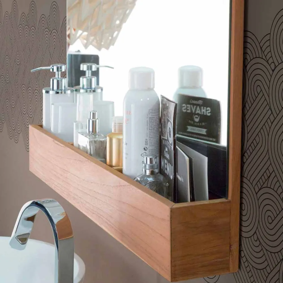 Nástěnné zrcadlo se strukturou a úložným prostorem z teakového dřeva - Palima Viadurini