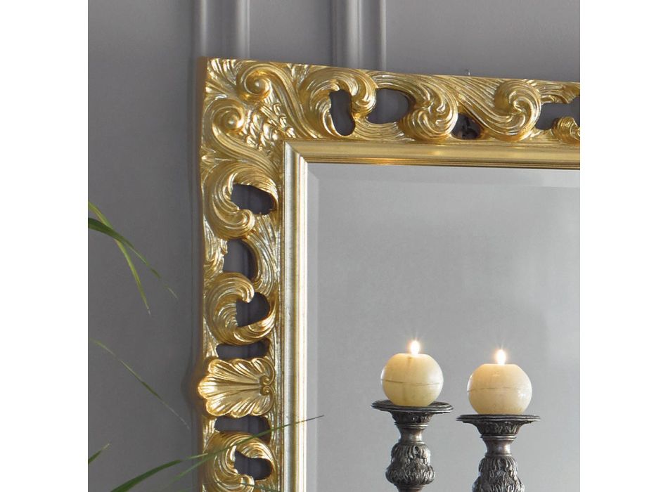 Klasické obdélníkové dřevěné zrcadlo se zlatými listy vyrobené v Itálii - Denver Viadurini