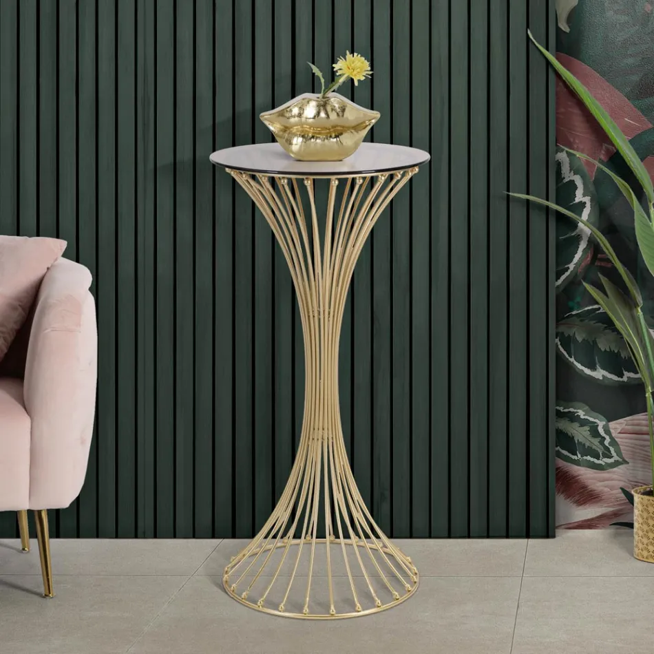 Kulatý vysoký konferenční stolek ze zlatého železa s koulemi a deskou z kouřového skla - Dexter Viadurini