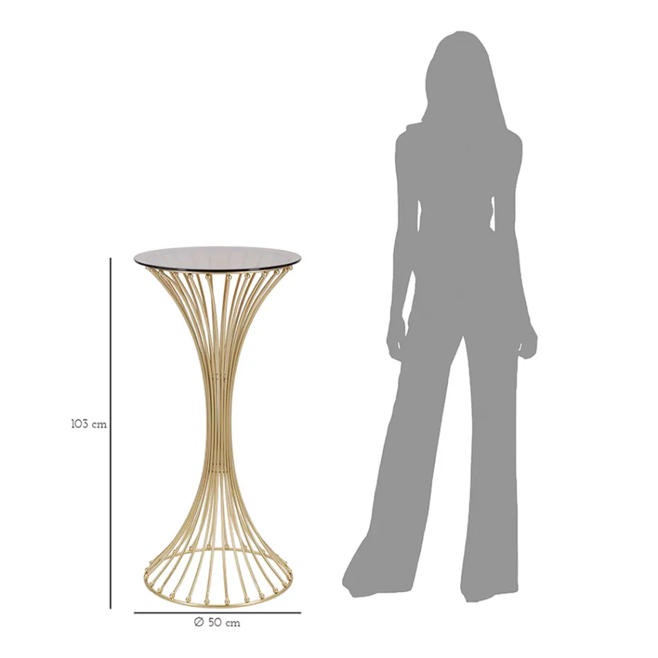 Kulatý vysoký konferenční stolek ze zlatého železa s koulemi a deskou z kouřového skla - Dexter Viadurini