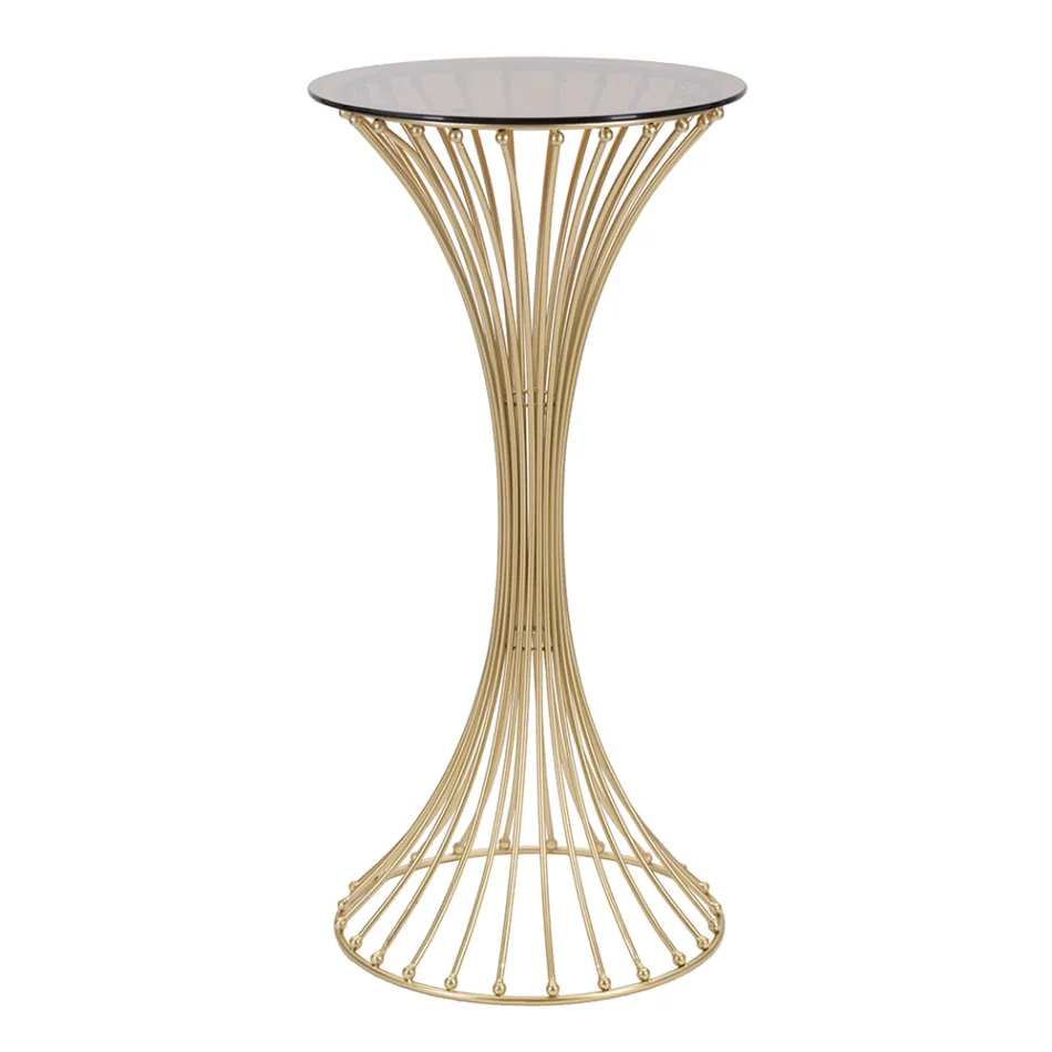 Kulatý vysoký konferenční stolek ze zlatého železa s koulemi a deskou z kouřového skla - Dexter Viadurini