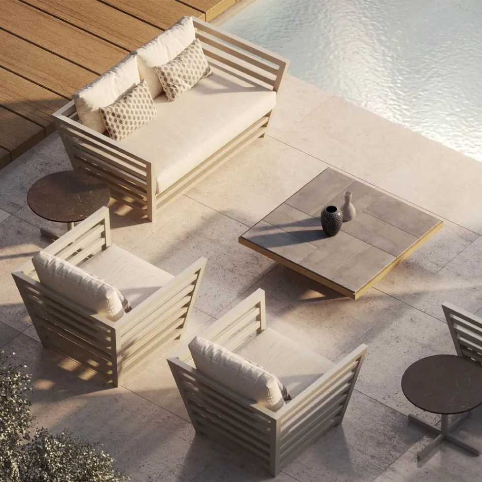 Nízký zahradní konferenční stolek s kameninovou deskou Made in Italy - Bresson Viadurini