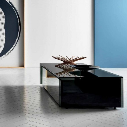 Nízký stůl do obývacího pokoje v kouřovém skle a dřevěných zásuvkách 3 velikosti - Mantra Viadurini