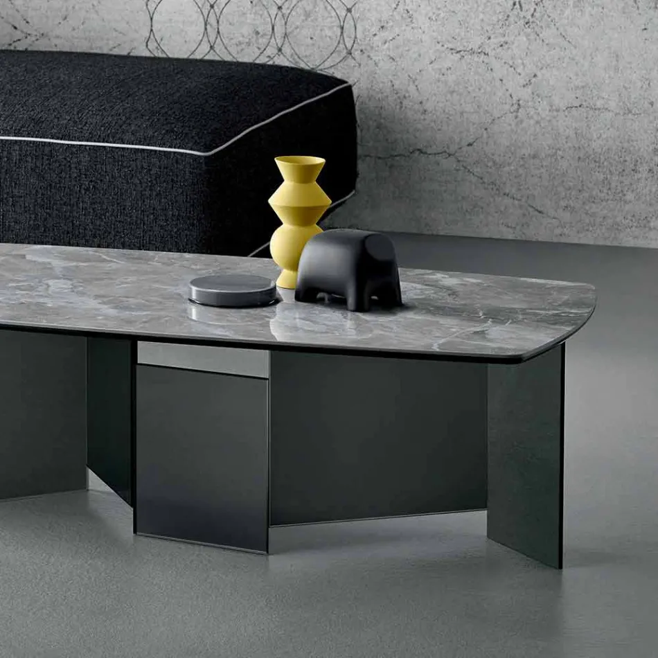 Nízký konferenční stolek Obývací pokoj Keramická deska a kouřové skleněné nohy 3 velikosti - náhodné Viadurini