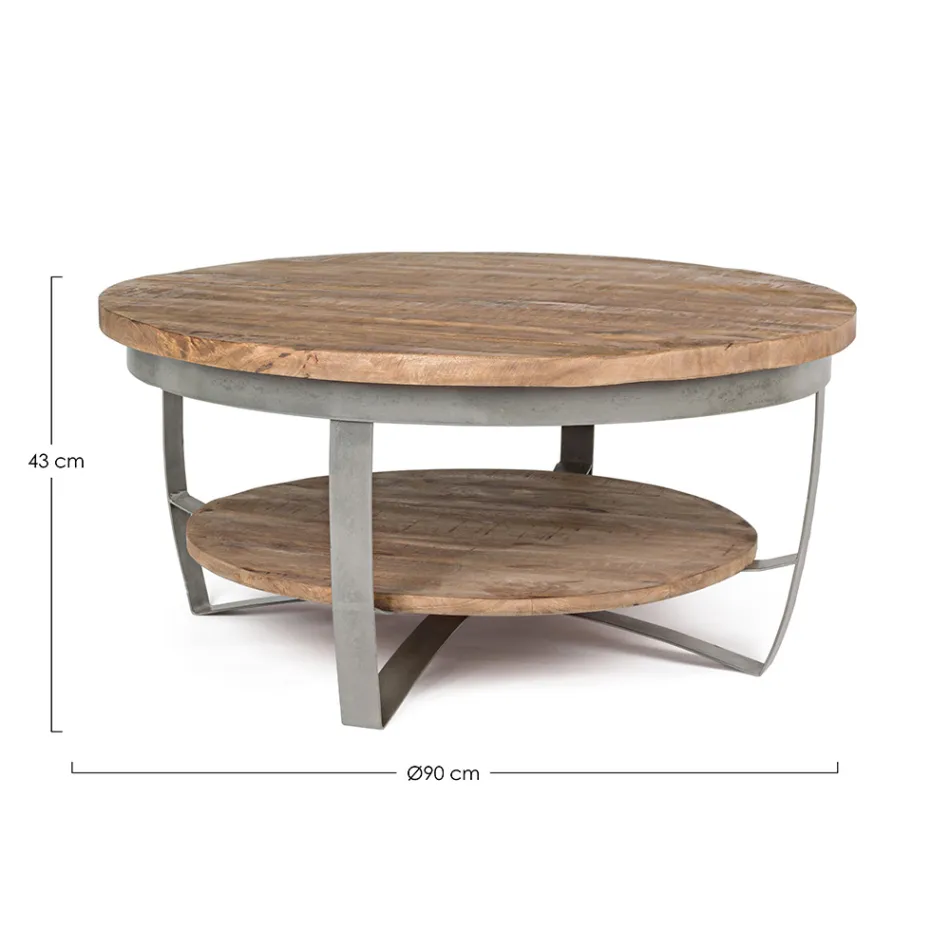 Nízký kulatý konferenční stolek do obývacího pokoje z mangového dřeva a oceli - Moncheri Viadurini