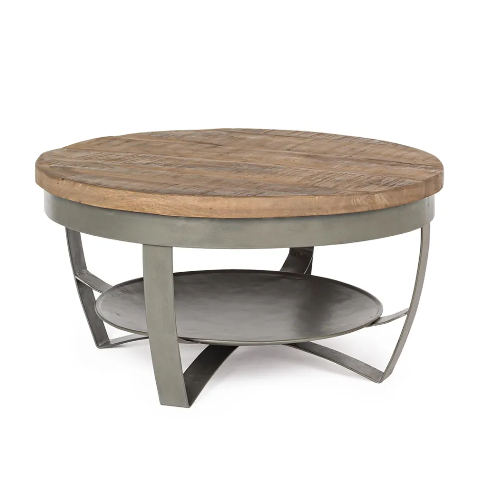 Nízký kulatý konferenční stolek do obývacího pokoje z mangového dřeva a oceli - Moncheri Viadurini