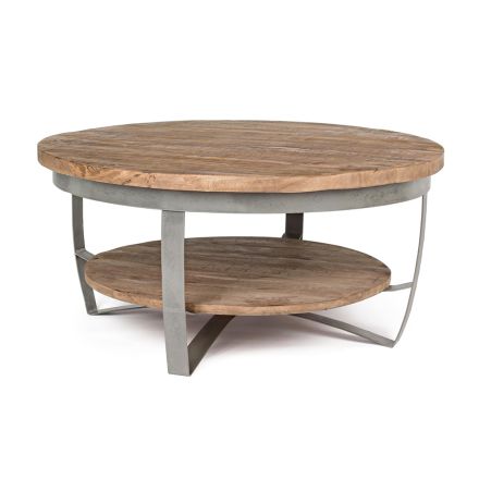 Nízký kulatý konferenční stolek do obývacího pokoje z mangového dřeva a oceli - Moncheri Viadurini