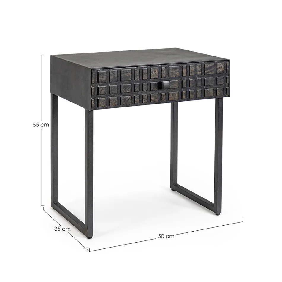 Noční stolek z oceli a mangového dřeva v etnickém designu - Mireo Viadurini