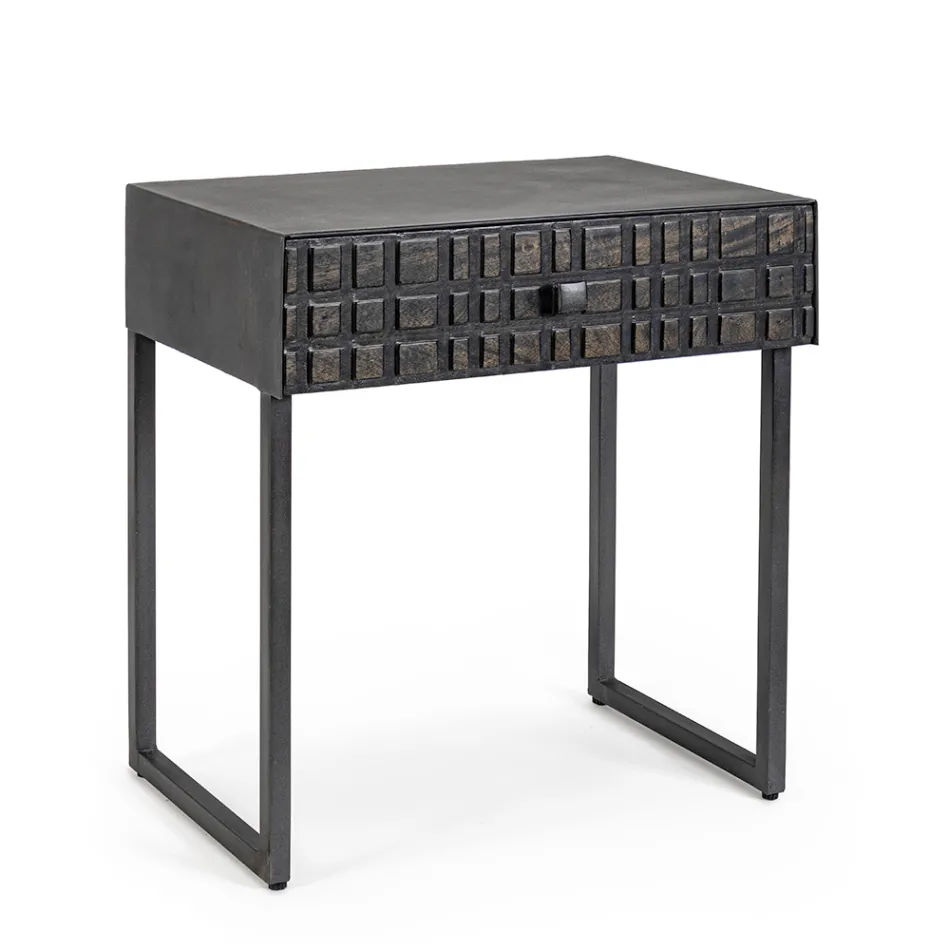 Noční stolek z oceli a mangového dřeva v etnickém designu - Mireo Viadurini