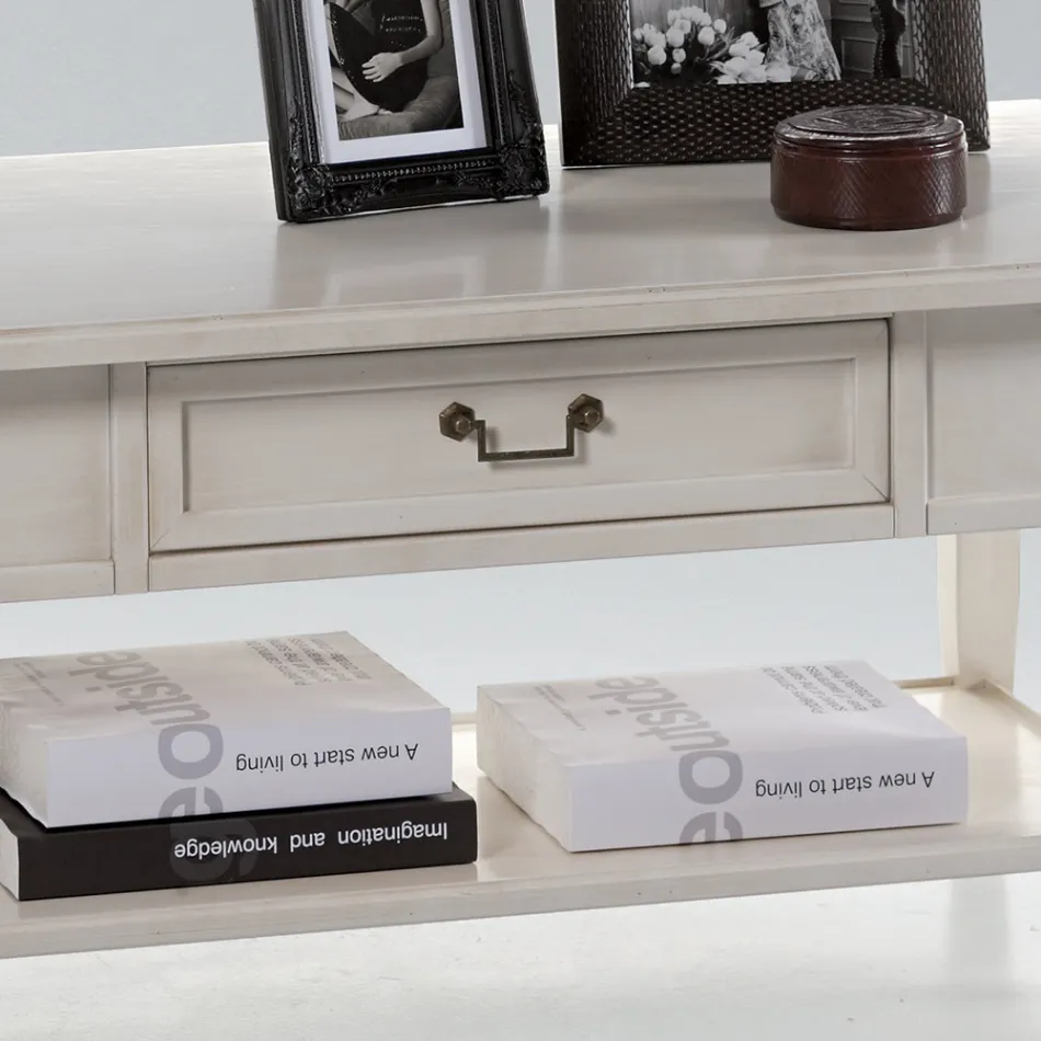 Konferenční stolek se zásuvkou a policí z patinovaného dřeva Made in Italy - Tuoni Viadurini