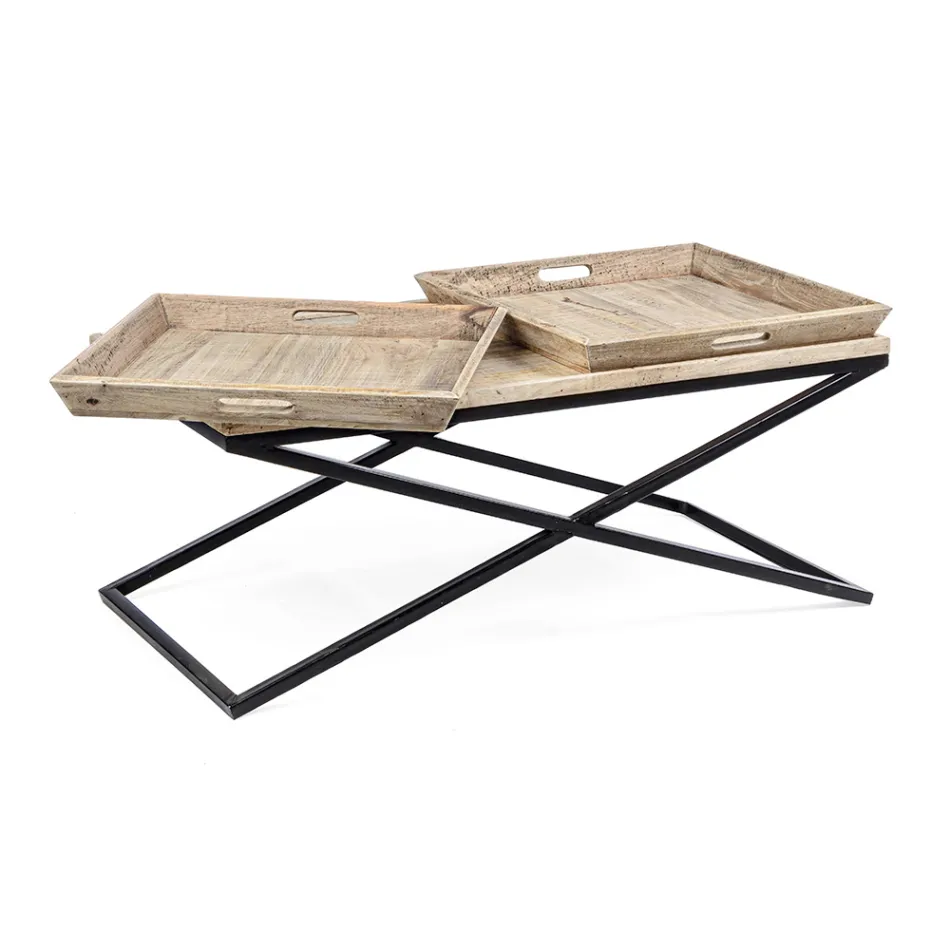 Konferenční stolek z oceli s podnosem v designu mangového dřeva - Cesira Viadurini