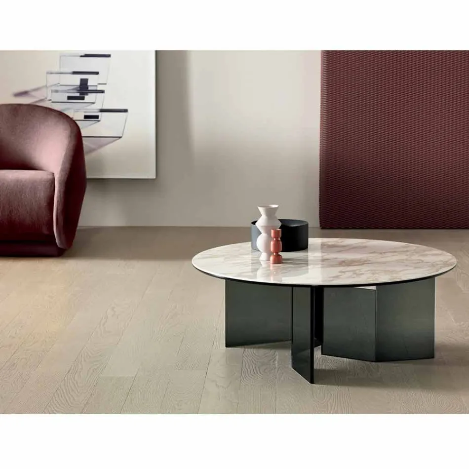 Kulatý konferenční stolek s keramickou deskou a kouřovými skleněnými nohami - náhodně Viadurini