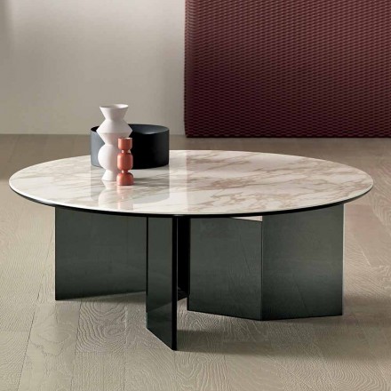 Kulatý konferenční stolek s keramickou deskou a kouřovými skleněnými nohami - náhodně Viadurini