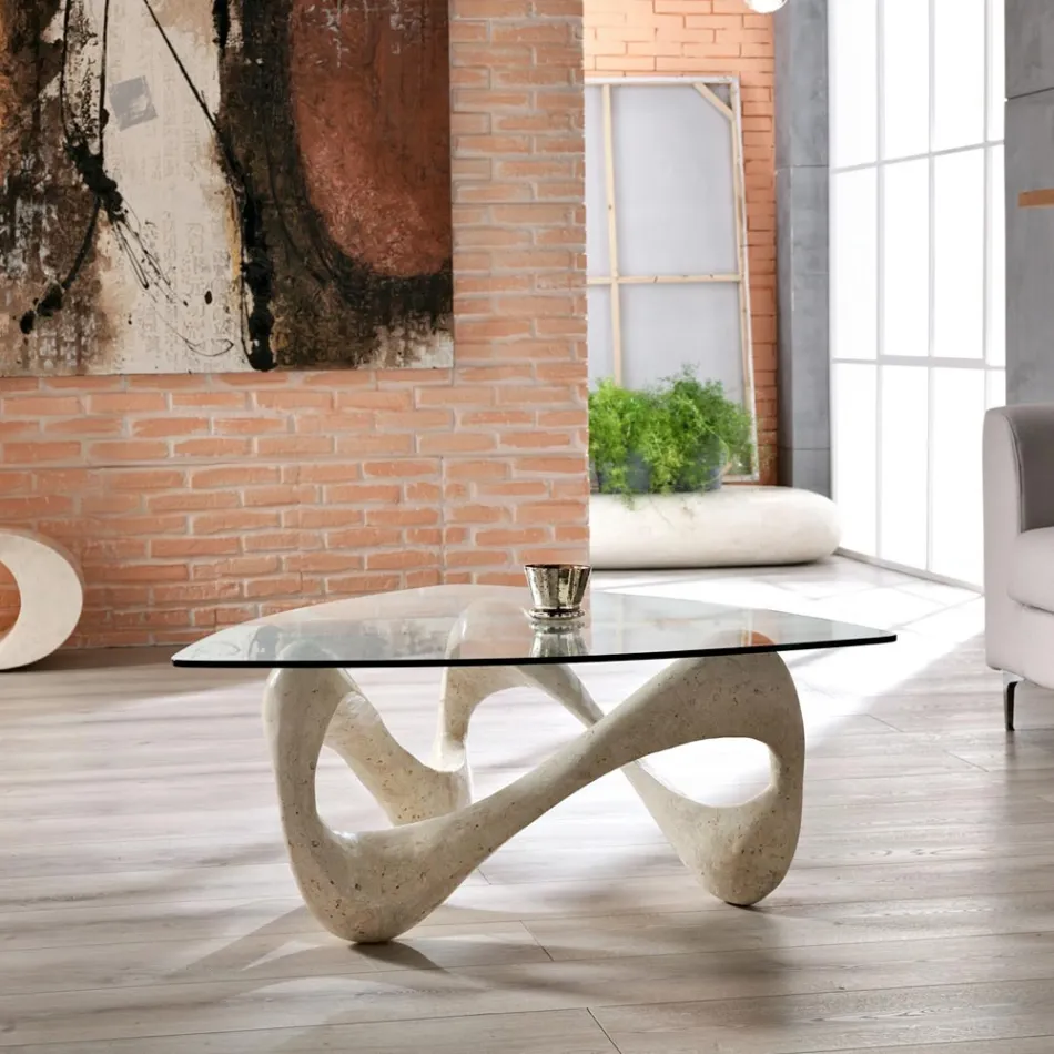 Konferenční stolek se skleněnou deskou a základnou z fosilního kamene - Kalifornie Viadurini