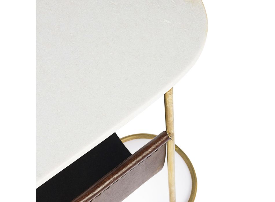 Konferenční stolek z oceli a mramoru s koženým stojanem na časopisy - Aretone Viadurini