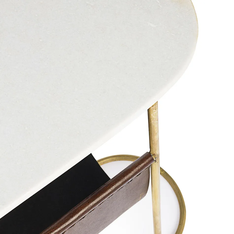 Konferenční stolek z oceli a mramoru s koženým stojanem na časopisy - Aretone Viadurini