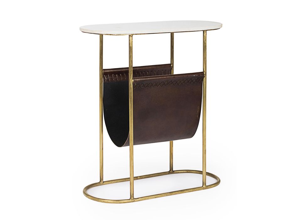 Konferenční stolek z oceli a mramoru s koženým stojanem na časopisy - Aretone Viadurini