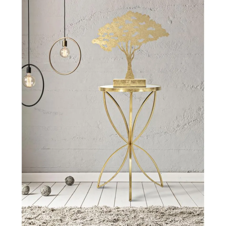 Pozlacený železný konferenční stolek s kulatou zrcadlovou deskou - Umari Viadurini